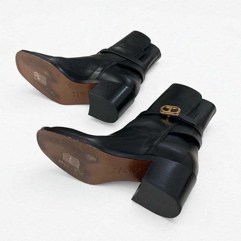 Christian Dior Empreinte Boots Short Shoes Leather Black Gold Belt Logo