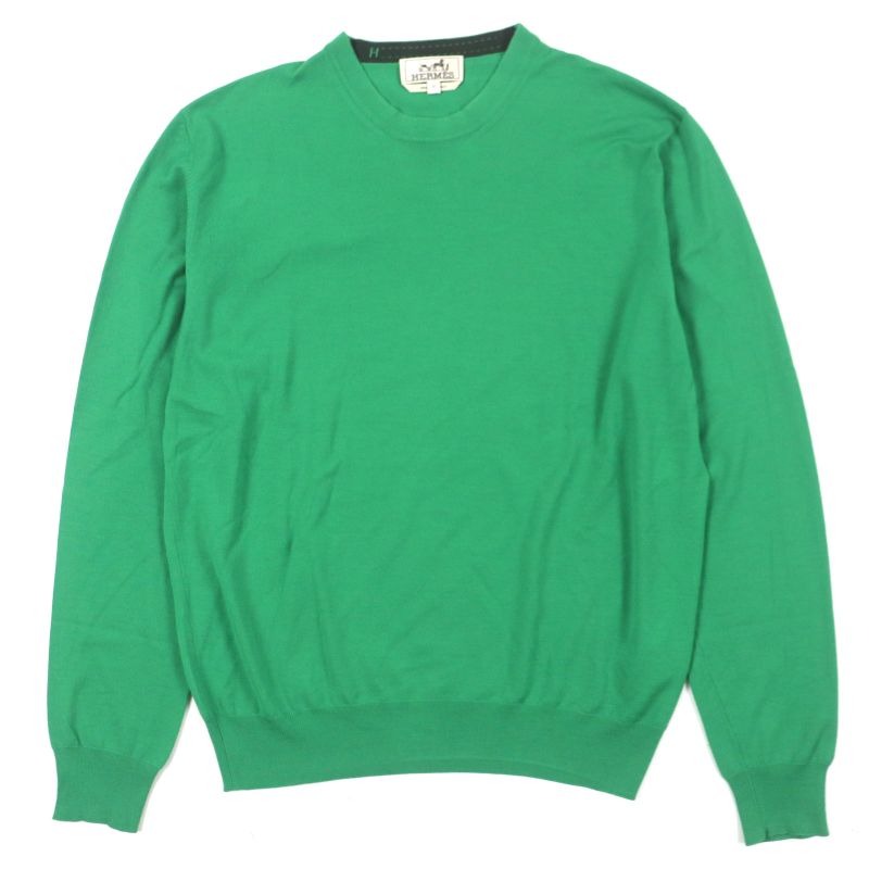 Hermes 22 AW 100% Wool H Embroidery Crew Neck High Gauge Knit Sweater Green
