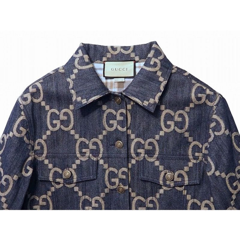 Gucci Jumbo GG Denim Jacket Outerwear Women's Blue Ivory Metal Button #36 Made