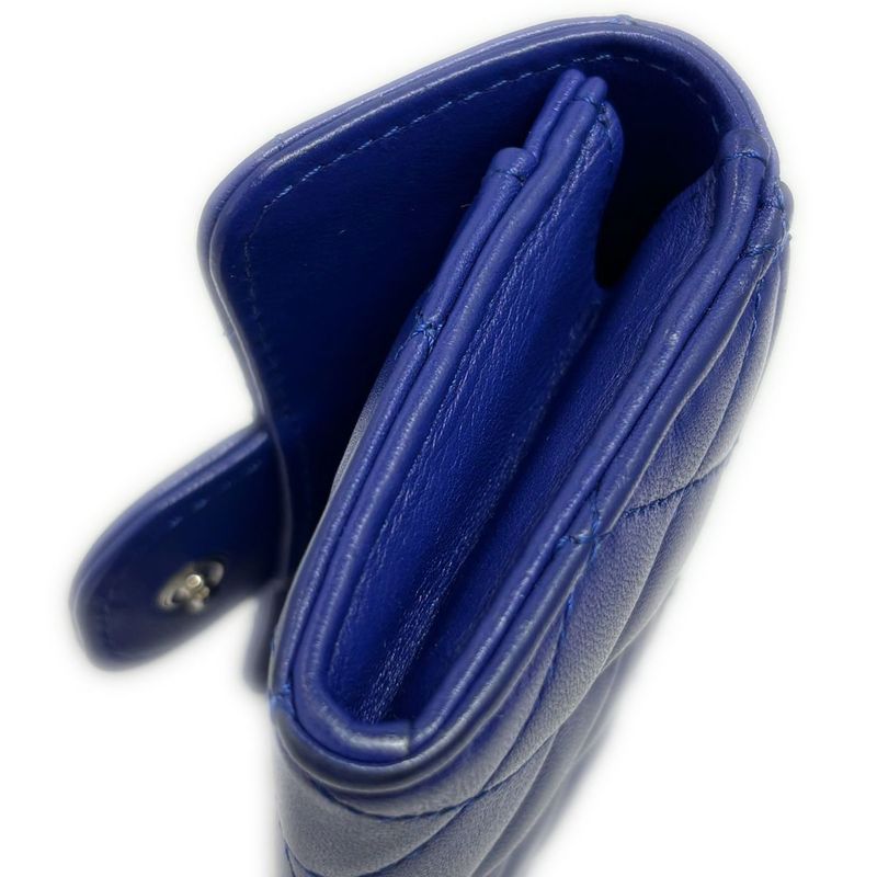 Chanel Card Case Business Holder Quilted CC Logo Lambskin Blue Silver