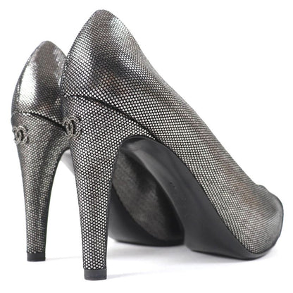 CHANEL G28557 Coco Mark Rhinestone Metallic Leather Cap Toe Platform Pumps