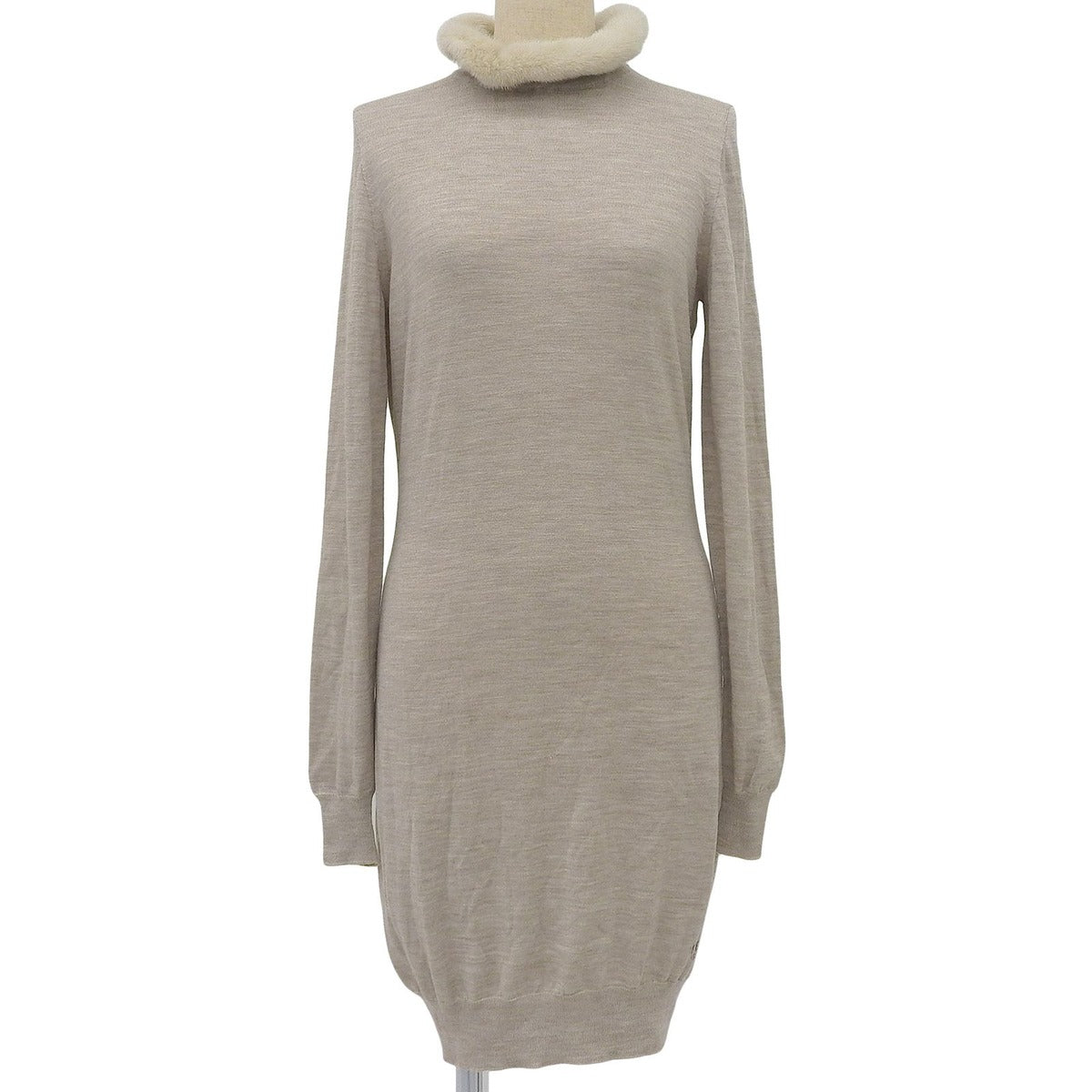 Fendi Wool Silk Collar Mink Fur Knit Dress Beige 40