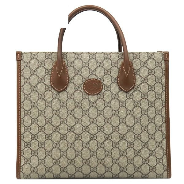 Gucci 2-Way GG Small Tote Supreme Canvas Leather Beige Ebony Gold Handbag