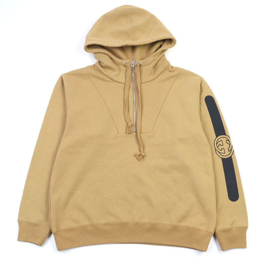 Gucci 20AW 627079 100% Cotton Interlocking G Logo Print Half Zip Hoodie Camel