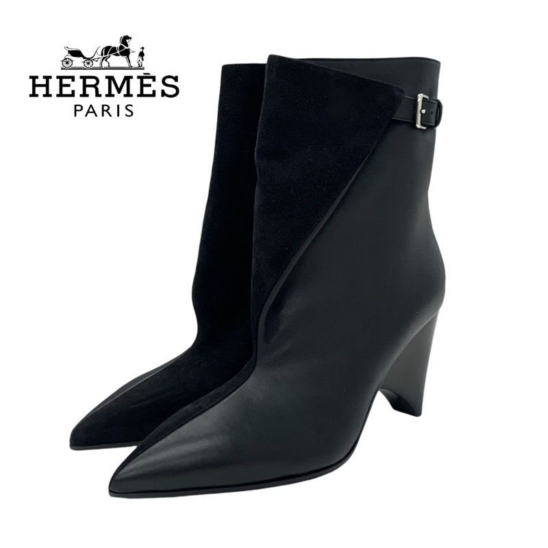 Hermes Hanae Boots Short Shoes Suede Leather Black