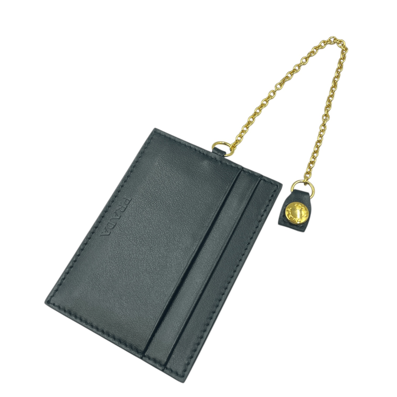Prada Card Case Pass Case Leather Chain Logo Black