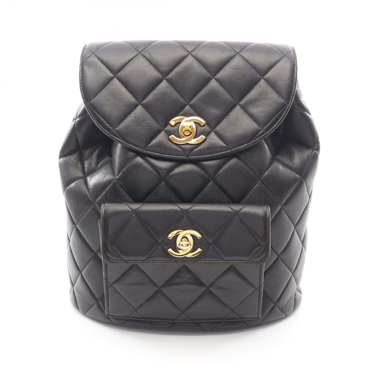 Chanel Backpack Quilted Black Lambskin Double Turnlock Chain