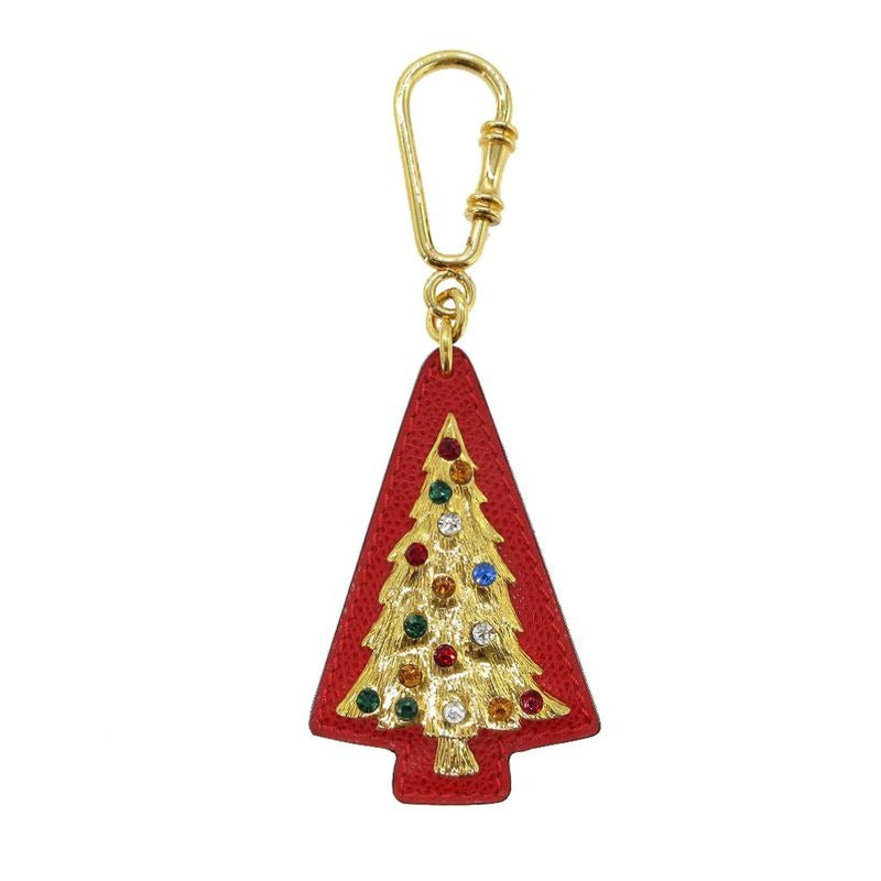 Celine Tree Rhinestone Charm Key Holder Leather Metal Red 1705