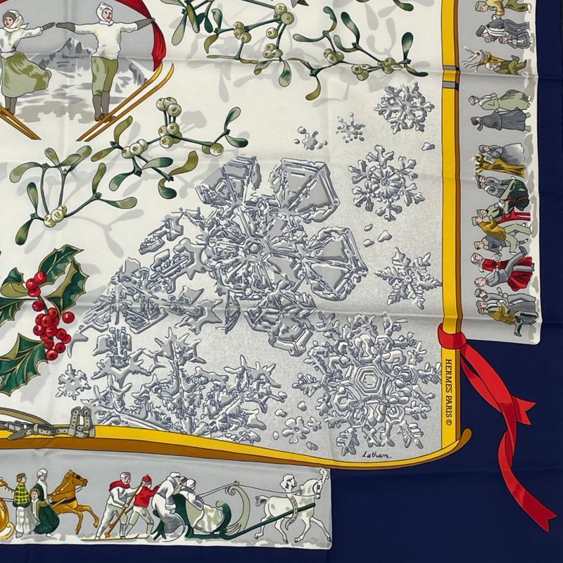 Hermes Carre 90 Neige D'antan Last Year's Snow Navy 100% Silk Scarf