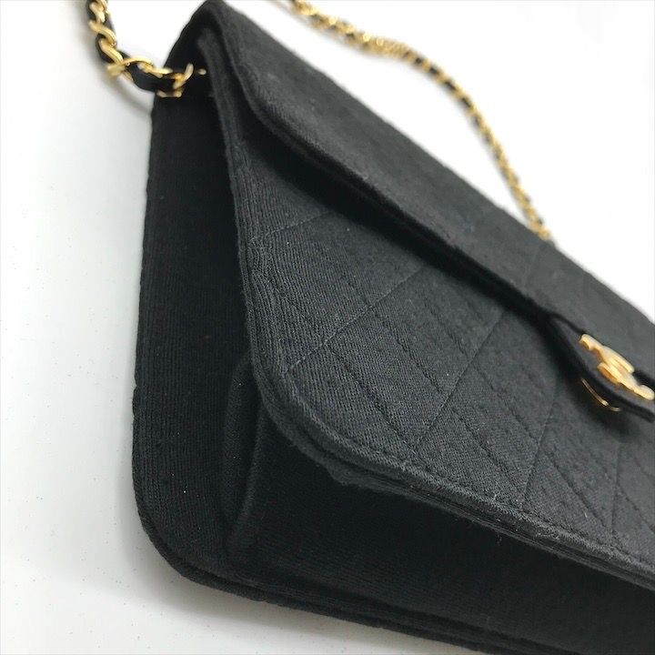 Chanel CC Logo Cotton Jersey Quilted Chain Shoulder Bag Black