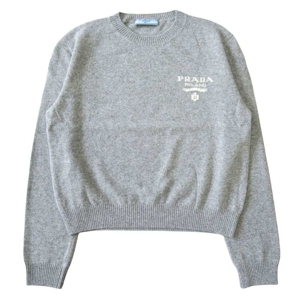 Prada Cashmere Blend Knit Sweater Top Long Sleeve Intarsia Logo 38 Gray