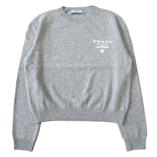 Prada Cashmere Blend Knit Sweater Top Long Sleeve Intarsia Logo 38 Gray