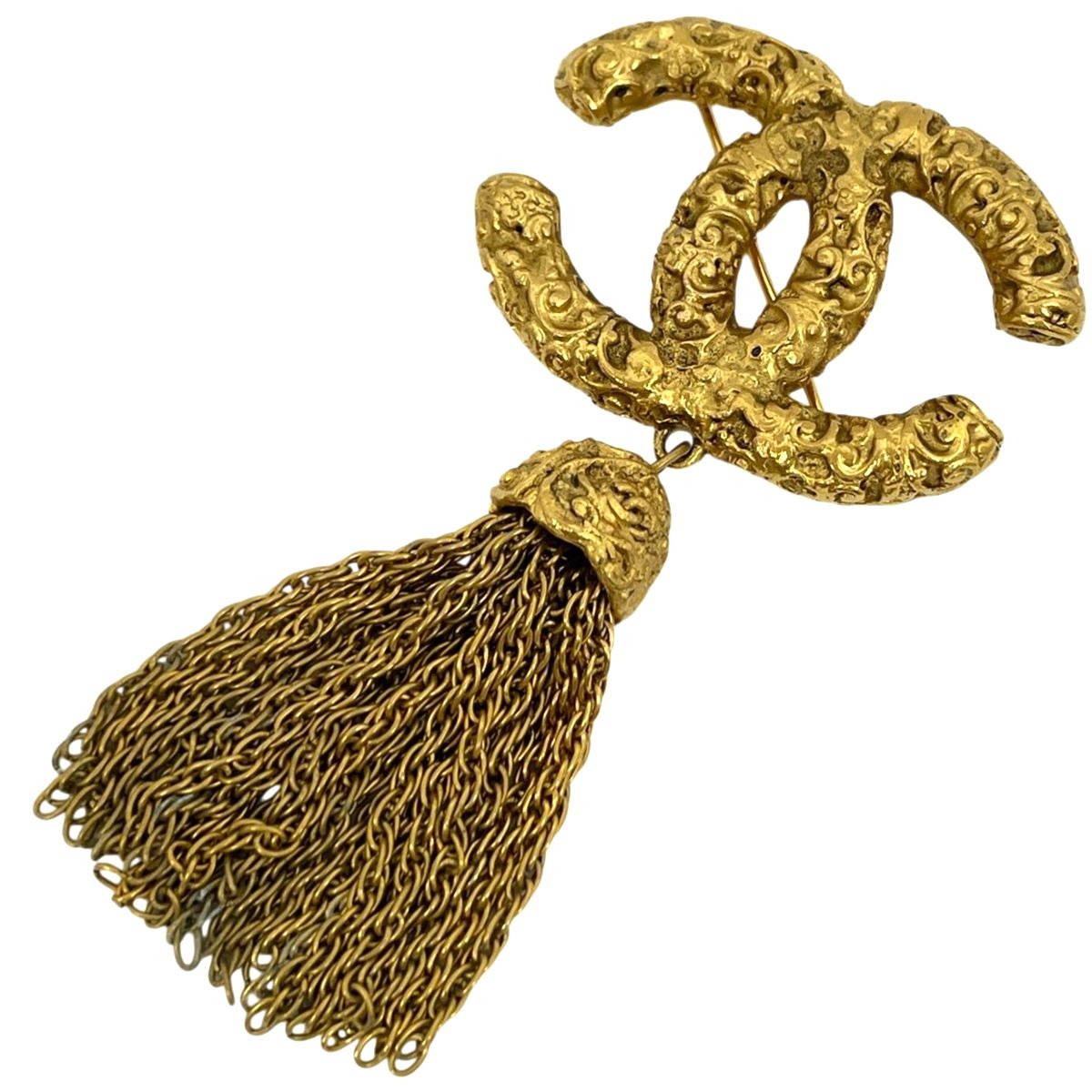Chanel CC Logo Brooch Tassel Fringe Gold Plated