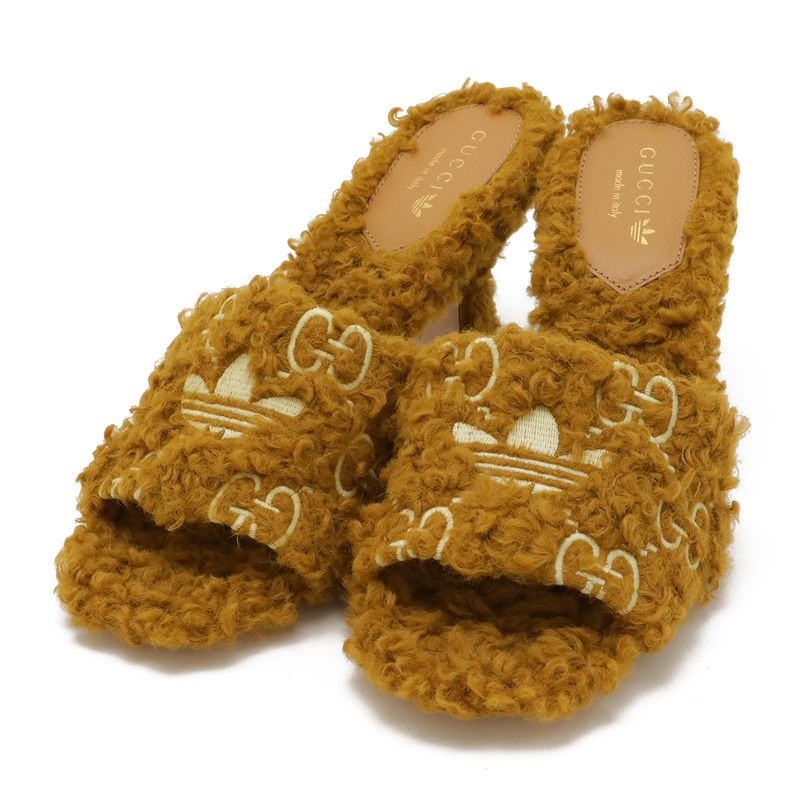 Gucci Adidas Collaboration GG Trefoil Logo Mules Sandals Mustard Fabric 37