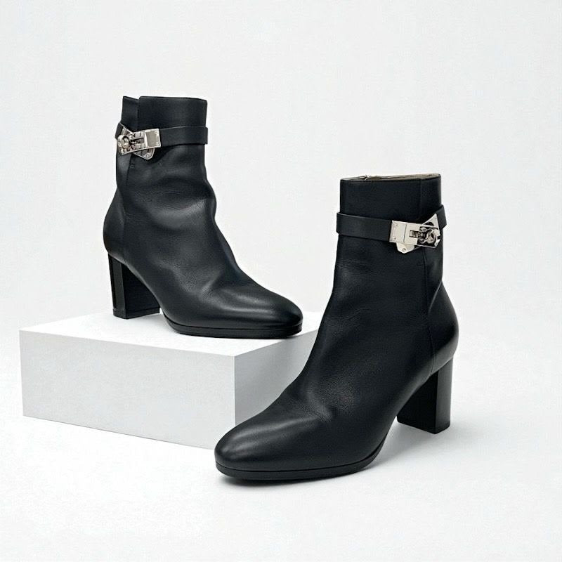 Hermes Saint Germain Boots Short Shoes Leather Black Silver Kelly Hardware