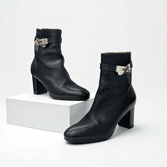 Hermes Saint Germain Boots Short Shoes Leather Black Silver Kelly Hardware