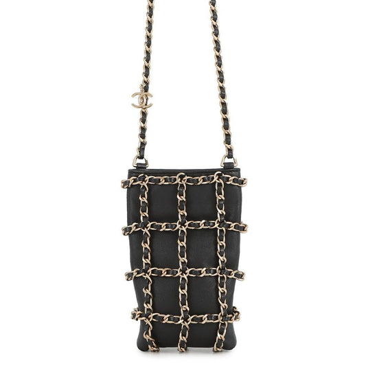 Chanel Chain Shoulder Bag Choco Bar Phone Case Lambskin Black