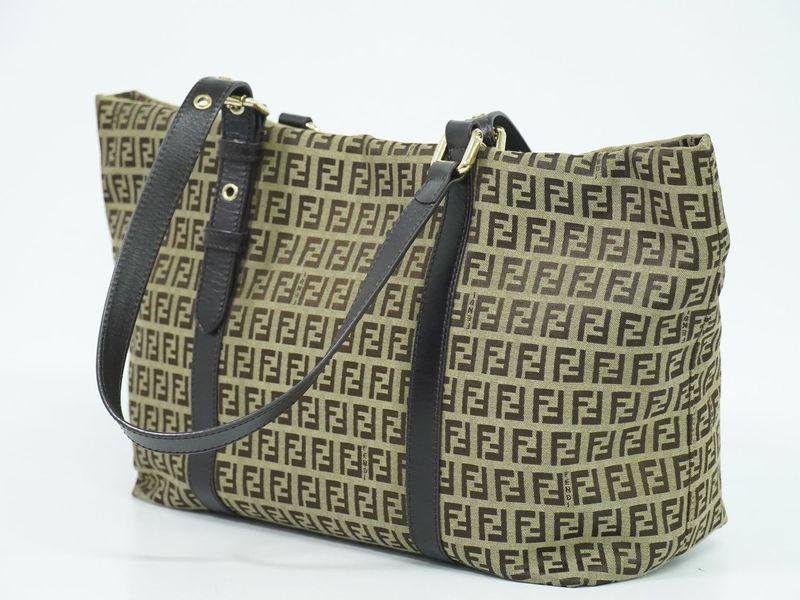 Authentic Fendi Zucchino Shoulder Bag Tote Canvas Beige Brown 8bh215 Zucchino
