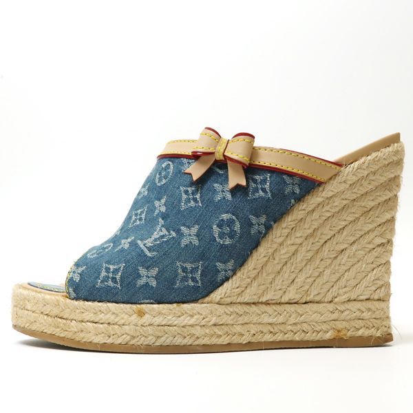 Louis Vuitton Monogram Denim Wedge Sole Sandals 36 Espadrilles Louis Vuitton
