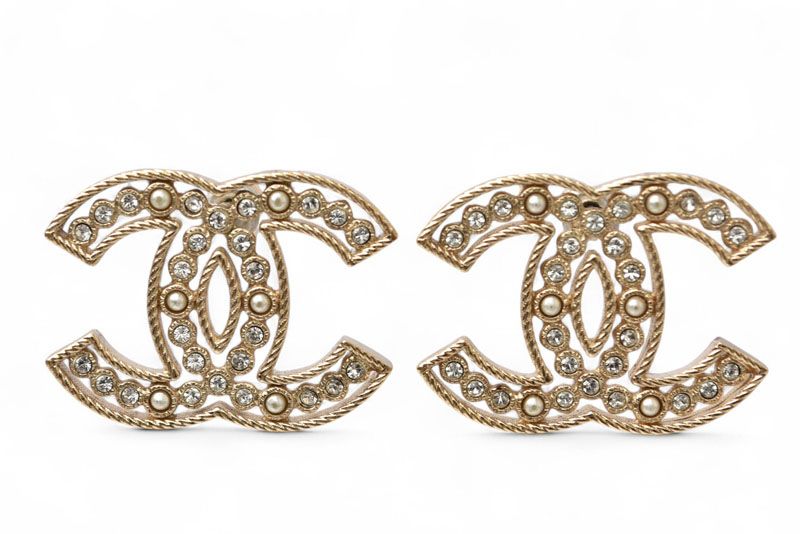 Chanel Earrings Chanel Accessories CC Logo Rhinestone Pearl Motif Gold B19
