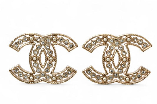 Chanel Earrings Chanel Accessories CC Logo Rhinestone Pearl Motif Gold B19
