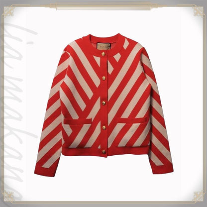Gucci Striped Cardigan Wool Red Ivory Gold Tone Double