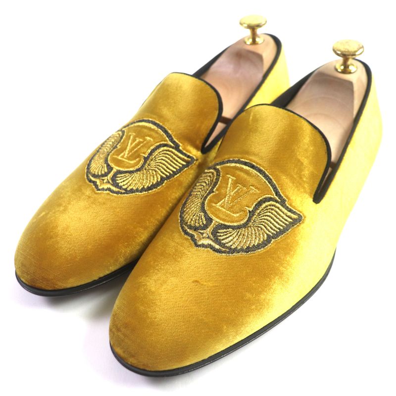 Louis Vuitton Hauteuil Line Velour Embroidered Slip-on Loafers Yellow 6 Made