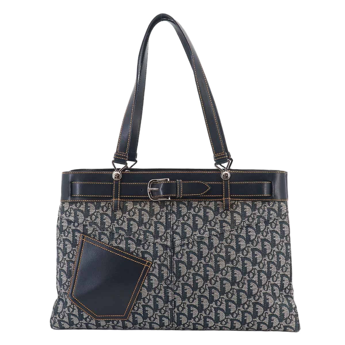 Dior Trotter Tote Canvas Leather Navy Silver