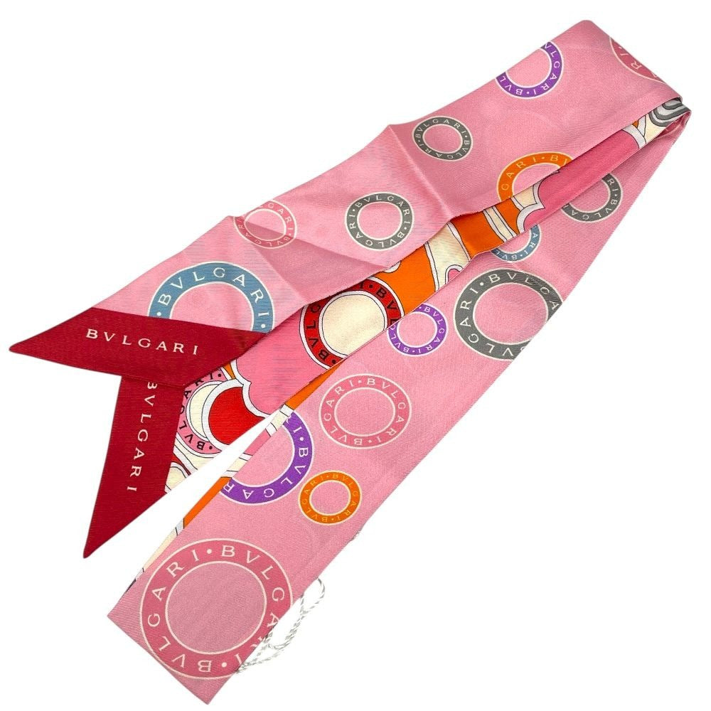 Bvlgari Serpenti Wrappy Scarf Twilly Ribbon Silk Red Pink Multicolor