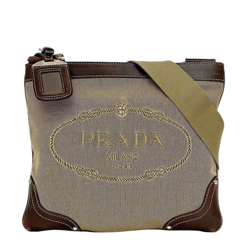 Prada Shoulder Bag Beige Brown Bt0536 Jacquard