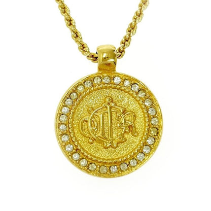 Dior GP Rhinestone Emblem Round Necklace Gold