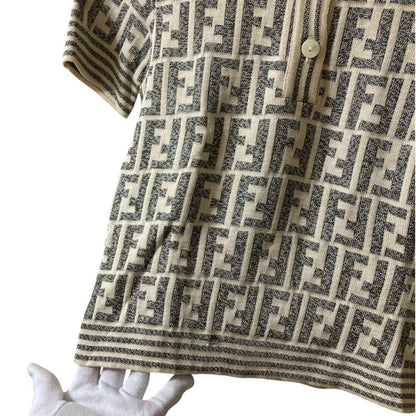 Fendi Zucca Pattern Short Sleeve Knit Polo Shirt Ivory Gray Women's Used
