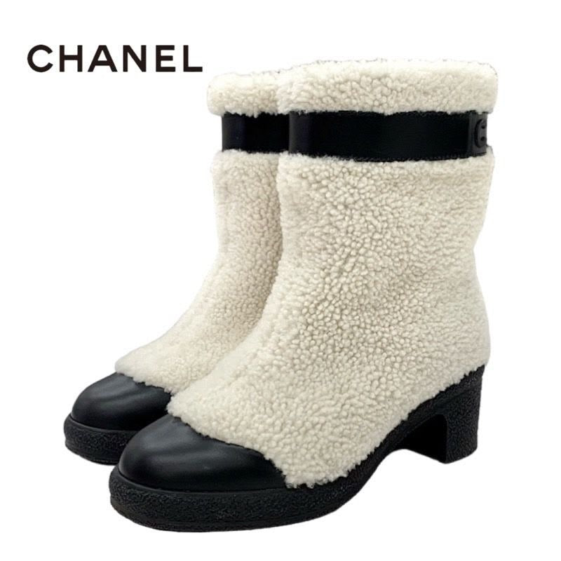 Chanel Boots Short Shoes Shearling White Black Coco Mark Logo