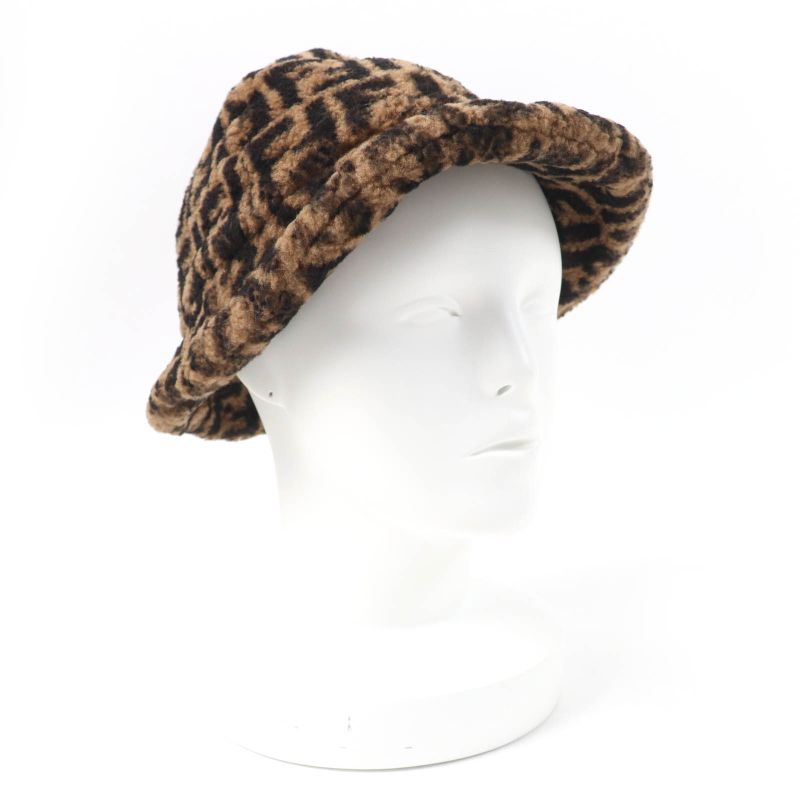 Fendi Fxq632 100% Silk Lined FF Logo Zucca Pattern Mouton Hat Brown Black M