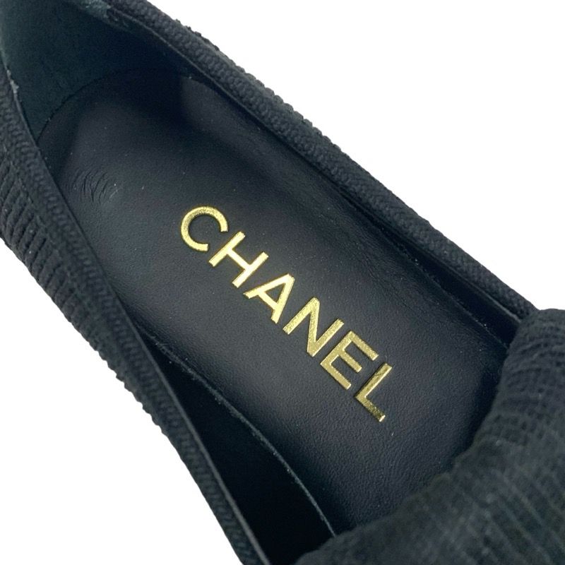 Chanel Loafer Leather Shoes Corduroy Black Gold Turn Lock Here Mark Rhinestone