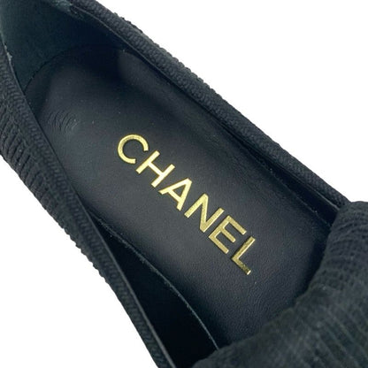 Chanel Loafer Leather Shoes Corduroy Black Gold Turn Lock Here Mark Rhinestone