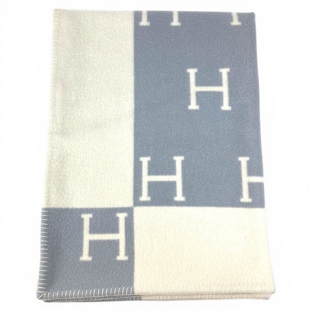 Hermes Avalon Plaid Logo Wool Cashmere Blue Blanket