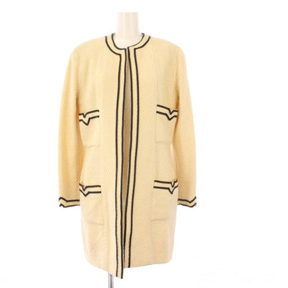Chanel Collarless Coat Tweed Outer Buttonless 38 Beige KH