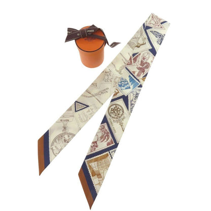 Hermes Twilly Faubourg Lover Silk Blue Marine Cles Mu Caramel Scarf