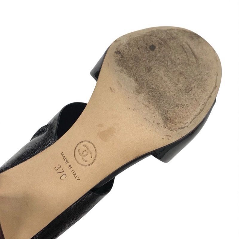 Chanel Sandals Shoes Leather Patent Black Here Mark Wrinkle Processing