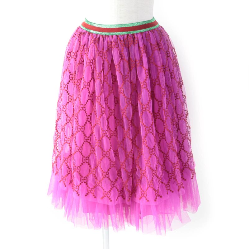 Gucci 552866 Kids GG Pattern Webline Embroidery Tulle Skirt Pink 12 Storage