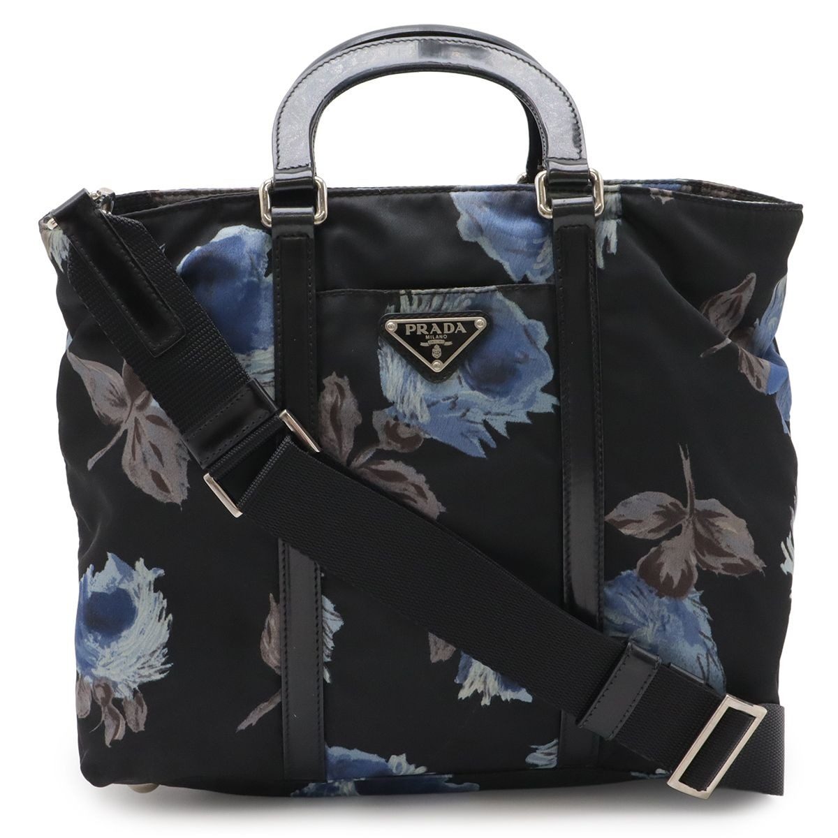 Prada Flower Floral Pattern Rose Tote 2-Way Shoulder Bag Nylon Nero Black Blue