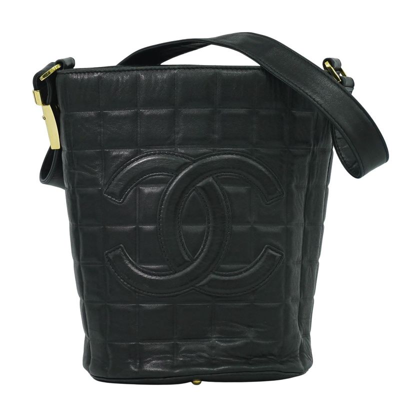 Authentic Chanel Coco Mark Chocolate Bar Shoulder Bag Lambskin Leather Black