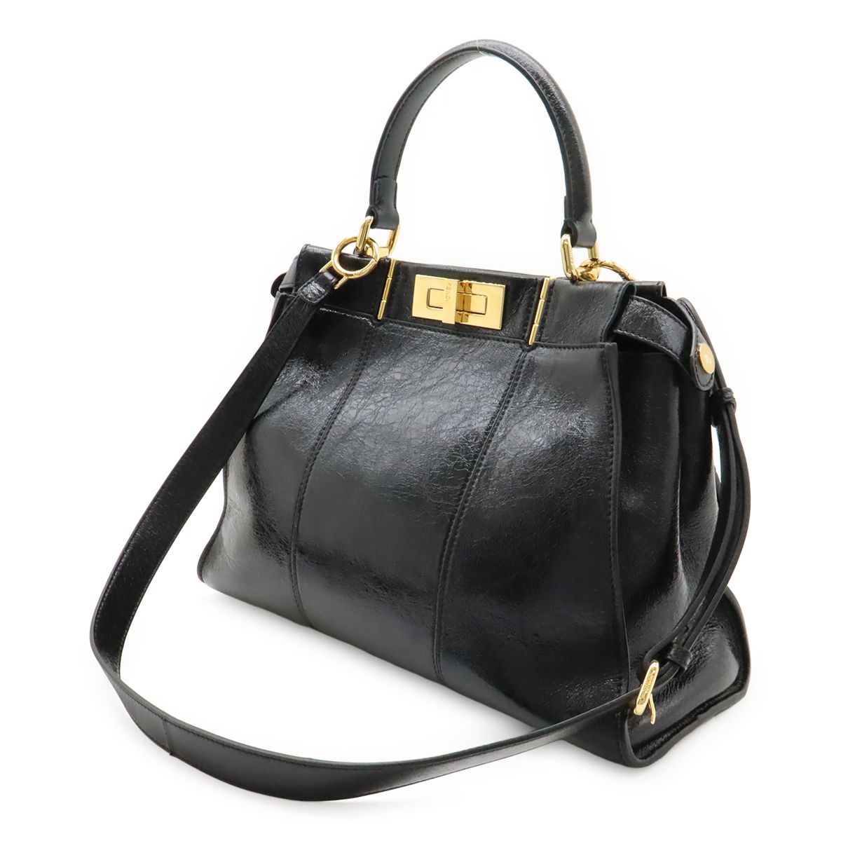 Fendi Peekaboo Regular Handbag 2WAY Shoulder Bag Crossbody Leather Black Black