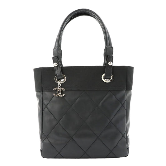Chanel Paris Biarritz PM Tote Nylon Leather Black Silver