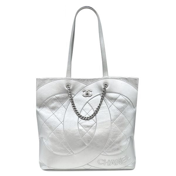 Chanel Tote Bag Club Monaco Chain Leather Metallic Silver CC Logo Shoulder