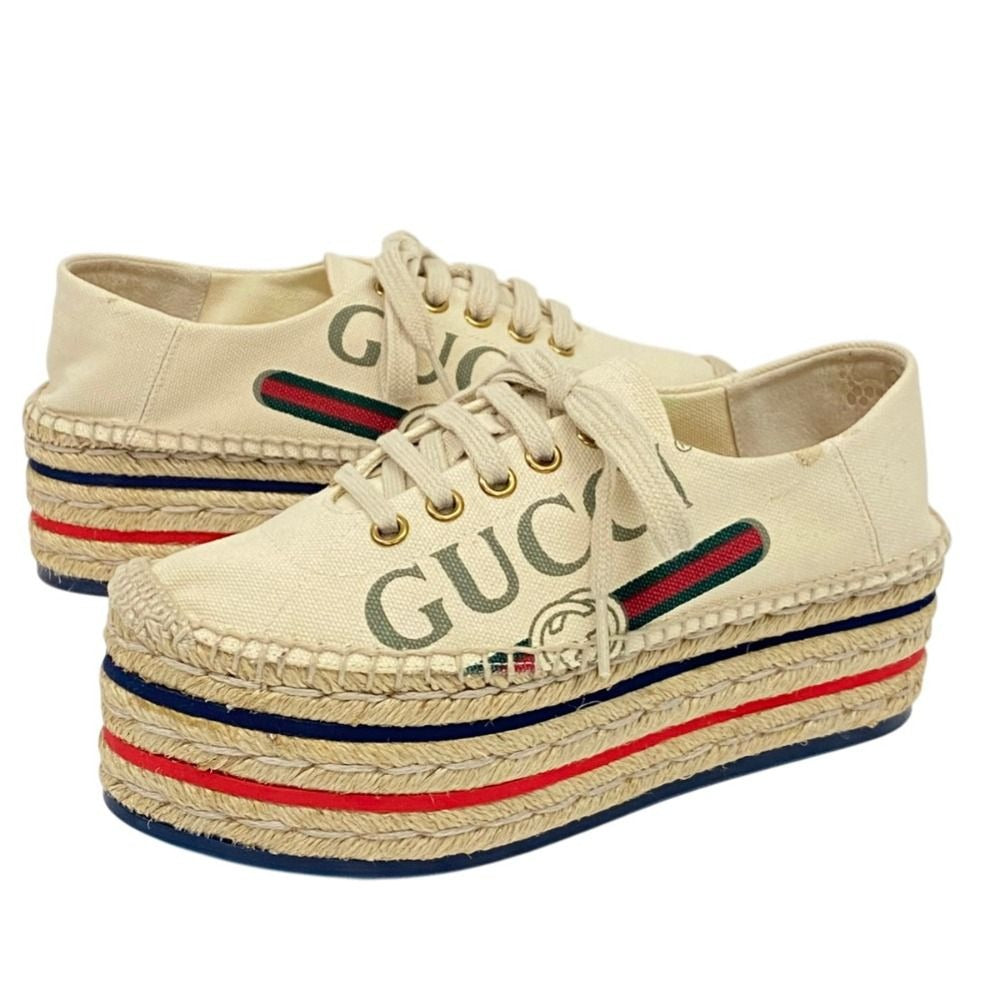 Gucci Logo Webline Espadrilles Shoes 34.5 Light Beige