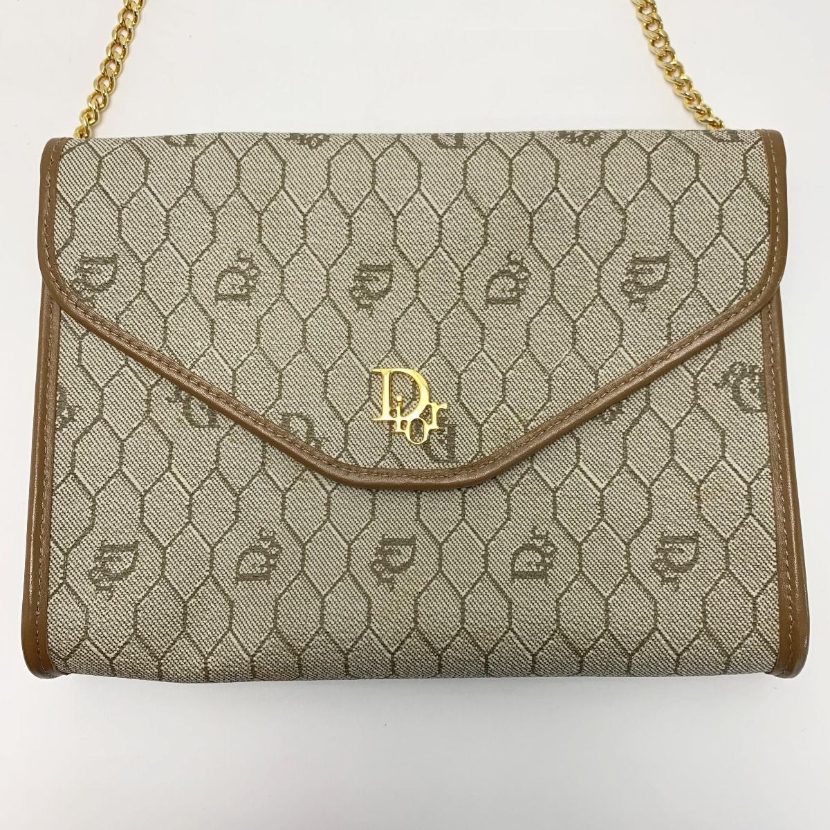 Christian Dior Honeycomb Trotter Beige Chain Shoulder Bag Gold Hardware