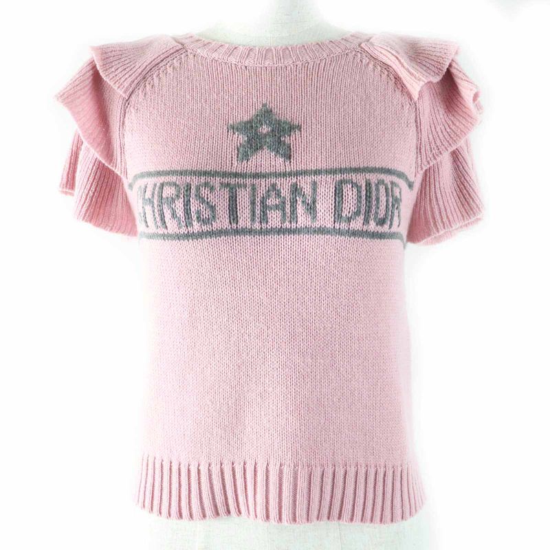 Christian DIOR 344s13bm003 100% Cashmere Frilled Short Sleeve Knit Pink Gray