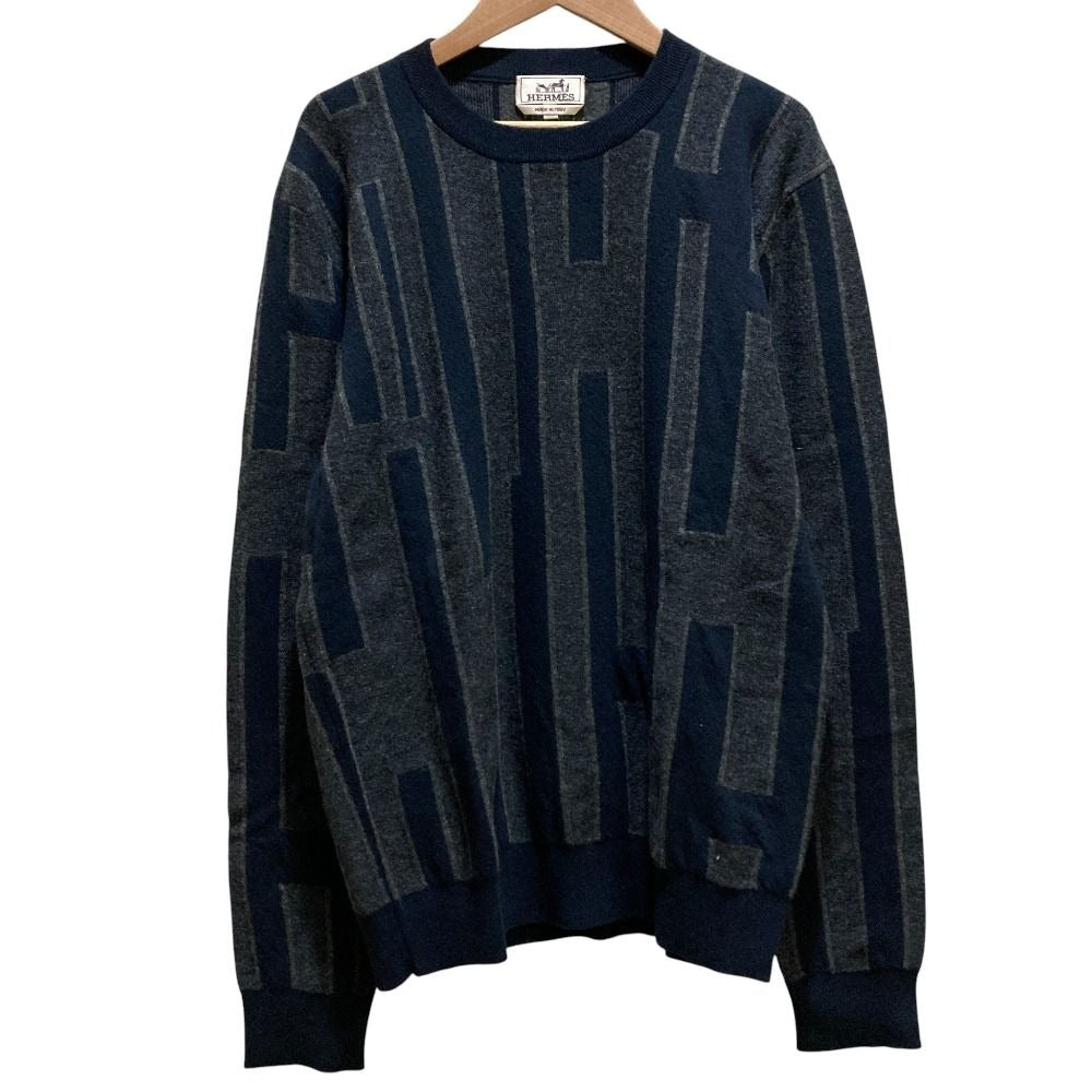 Hermes H Pattern Cashmere Knit Sweater M Navy Gray